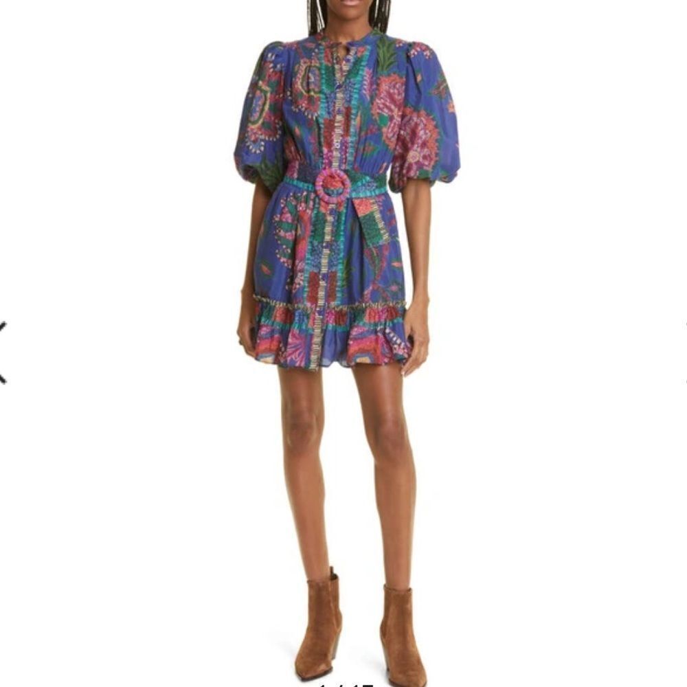 New FARM Rio Sunset Tapestry Belted Cotton Blend Minidress Sz XXS - Picture 4 of 8